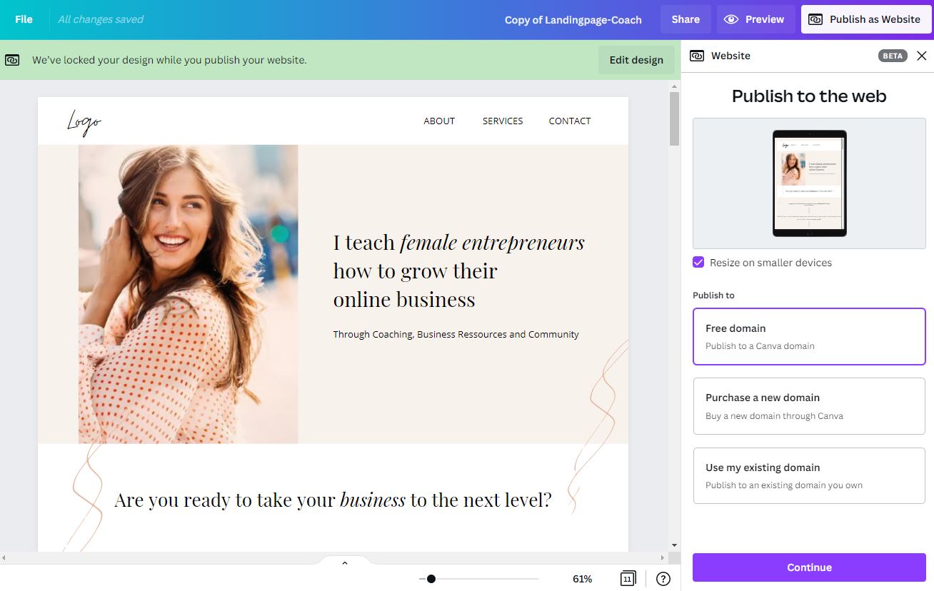 Publish website in canva